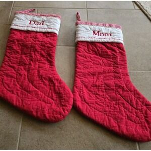 Pottery Barn Kids Stockings Lrg. Quilted Embr Christmas Mom Dad Set Red White